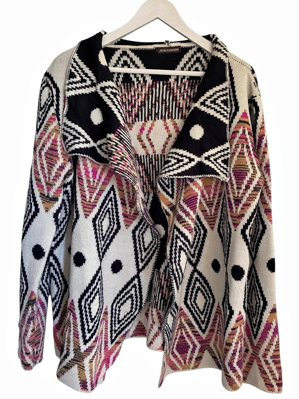Geometric Aztec Print Boho Western Knit Cardigan in Pink, Black & White Sz XL